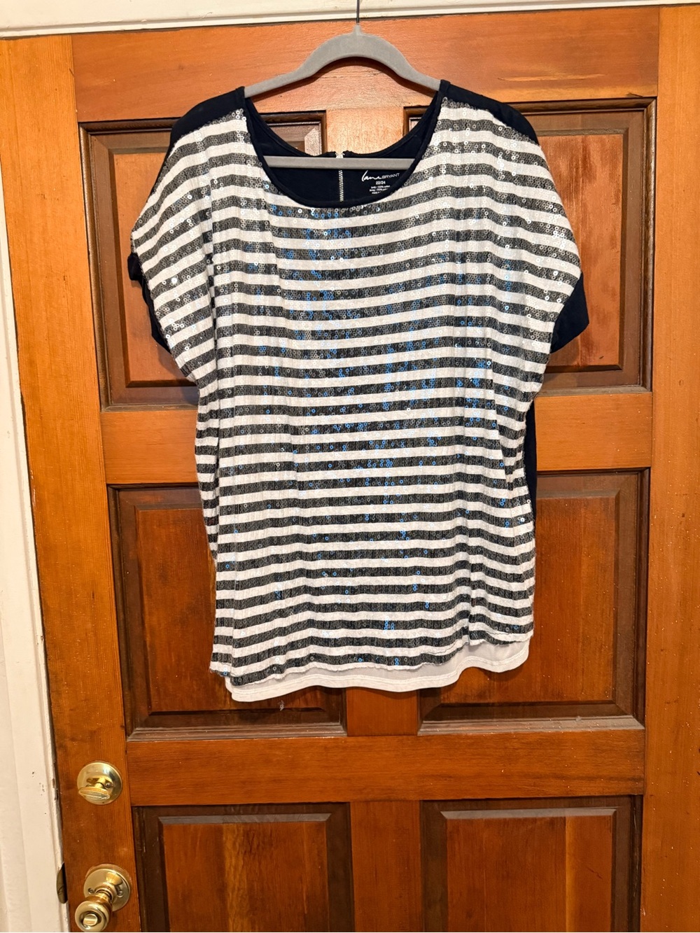 Lane Bryant Navy and White Striped Sequin Top